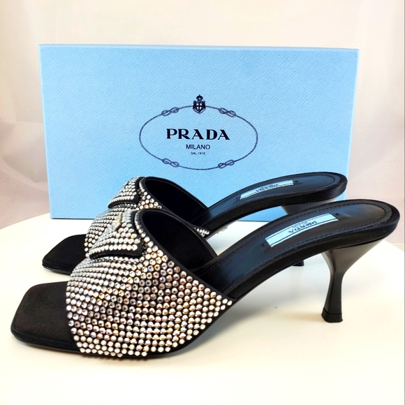 NWT$1,650 PRADA Satin Crystal Open Toe Logo Embellished Slides Mules Sz 39 - Picture 14 of 17